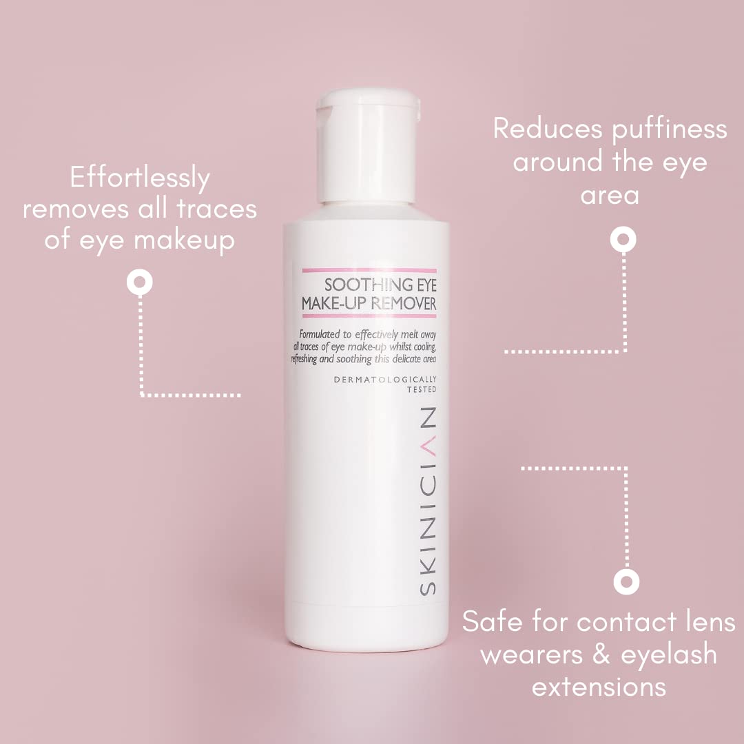 SKINICIAN Soothing Eye Makeup Remover - Premium Oil Free Eye Makeup Remover - Facial Cleanser for Sensitive Skin - Lash Cleanser with Vitamin E - Vegan & Cruelty Free Skincare (250ml)