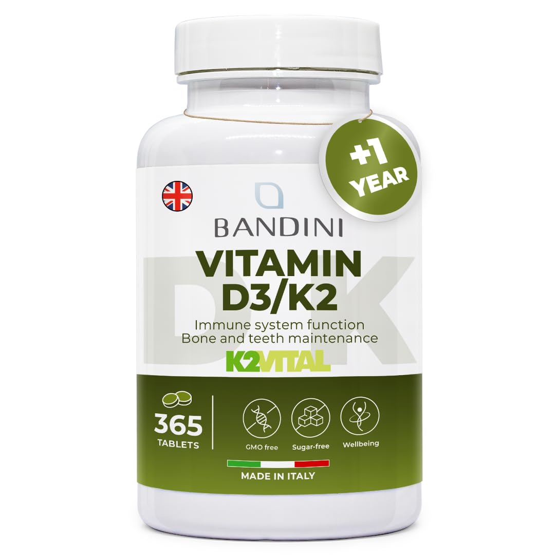 Bandini® Vitamin D3 K2 | 365 Easy Swallow Tablets 1 Year Supply | 2000 IU Vitamin D3 & 200 mcg Vitamin K2VITAL® MK-7 99% All Trans | for Bones, Teeth, Muscles, Joints & Immune System | High Strenght