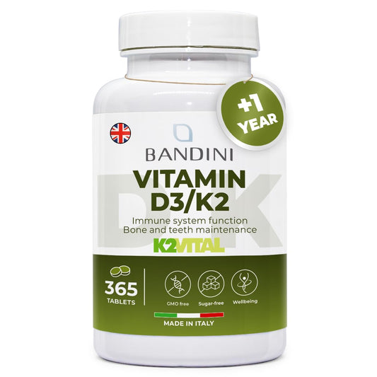 Bandini® Vitamin D3 K2 | 365 Easy Swallow Tablets 1 Year Supply | 2000 IU Vitamin D3 & 200 mcg Vitamin K2VITAL® MK-7 99% All Trans | for Bones, Teeth, Muscles, Joints & Immune System | High Strenght