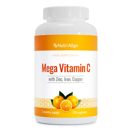 Nutri-Align Mega Vitamin C | 120 High Strength Vitamin C Capsules 1000mg Vit C per Serving - Vitamin C and Zinc, Iron & Copper Supplement | Vitamin C Supplements | Gluten & Sugar Free | Made in the UK