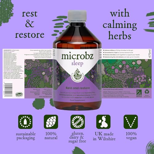 MICROBZ Sleep Liquid PROBIOTIC – Bio Culture Complex Probiotics for Gut Health & Sleep Aid Support Supplement, Multi Strain Live Friendly Bacteria for Women, Men & Kids - Vegan | 1 Month Supply