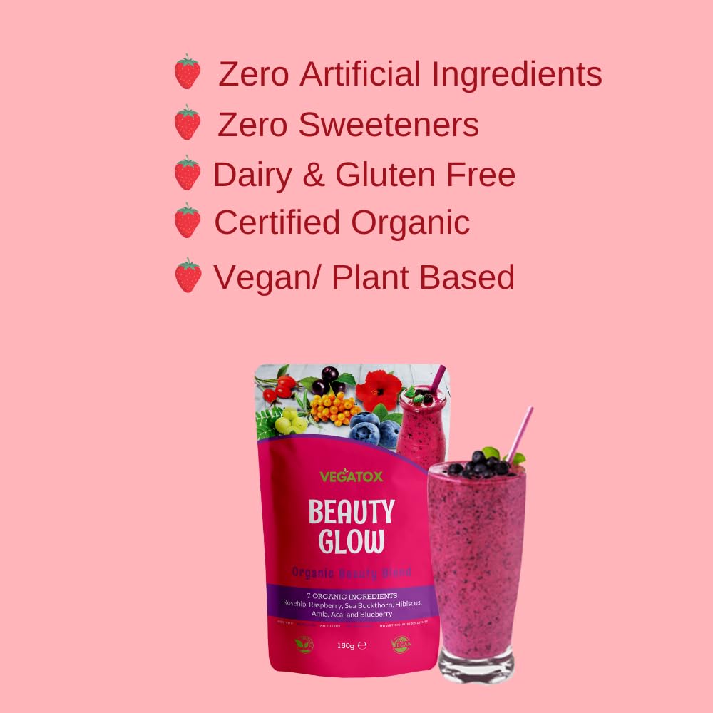 Beauty Glow - Super Berry Powder 150g | Superfood Powder for Glowing Skin & Anti-Aging | Rich in Vitamin C & Antioxidants | Vegan Collagen Booster | Includes Acai, Raspberry, Hibiscus