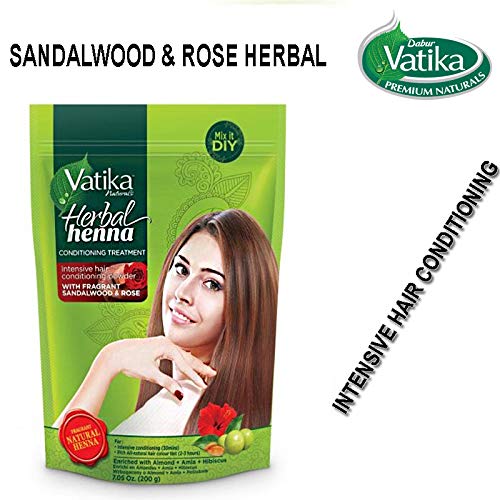 Vatika Natural Herbal Henna Intensive Natural Hair Colour Tint Conditioning Powder with Oud sandalwood & Rose 200g (Sandalwood & Rose)