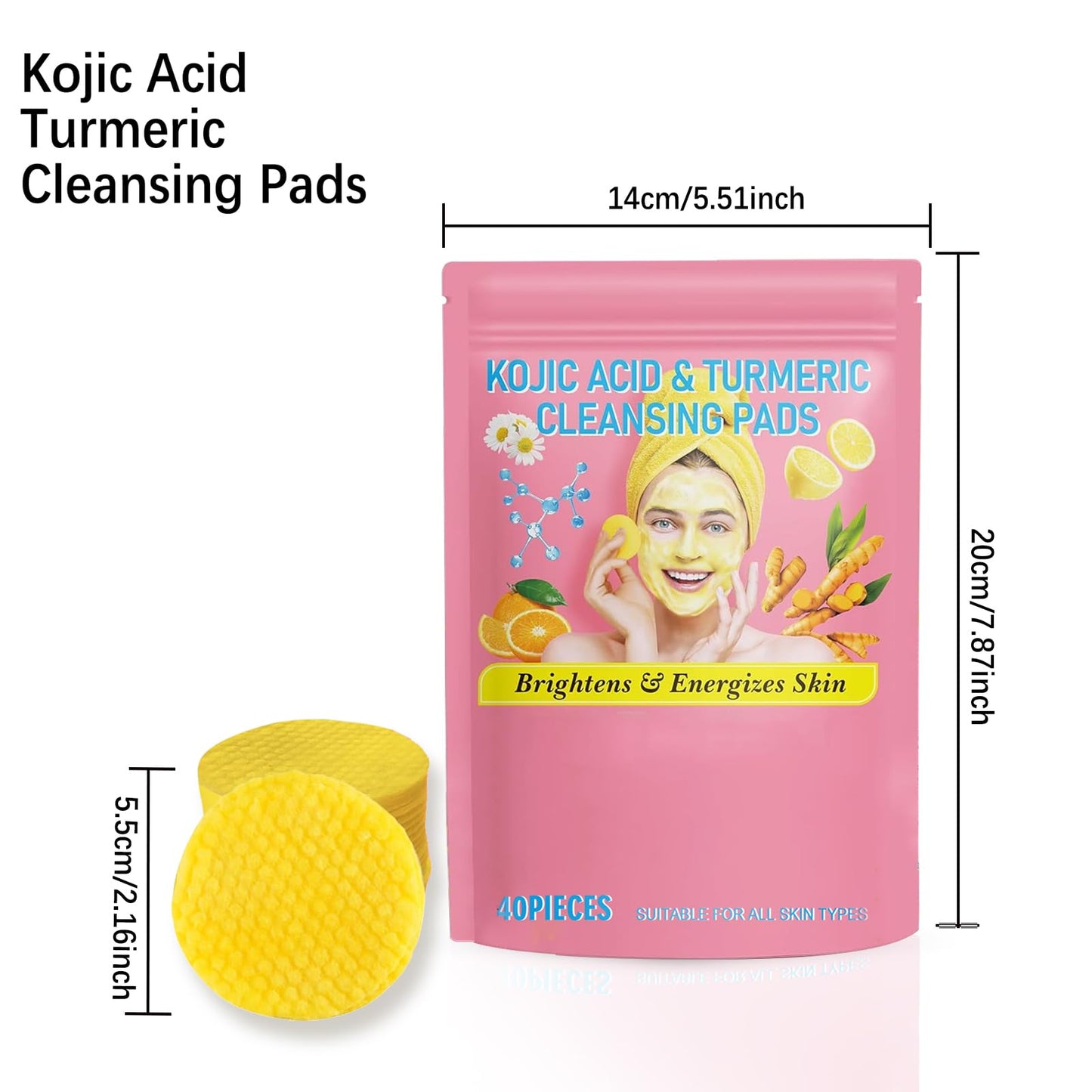 40 Pads Turmeric Kojic Acid Pads, GCVSE Turmeric Exfoliating Pads - Balance Skin Oil and Water, Fades Dark Spots, Skin Moisturizing & Lightenin