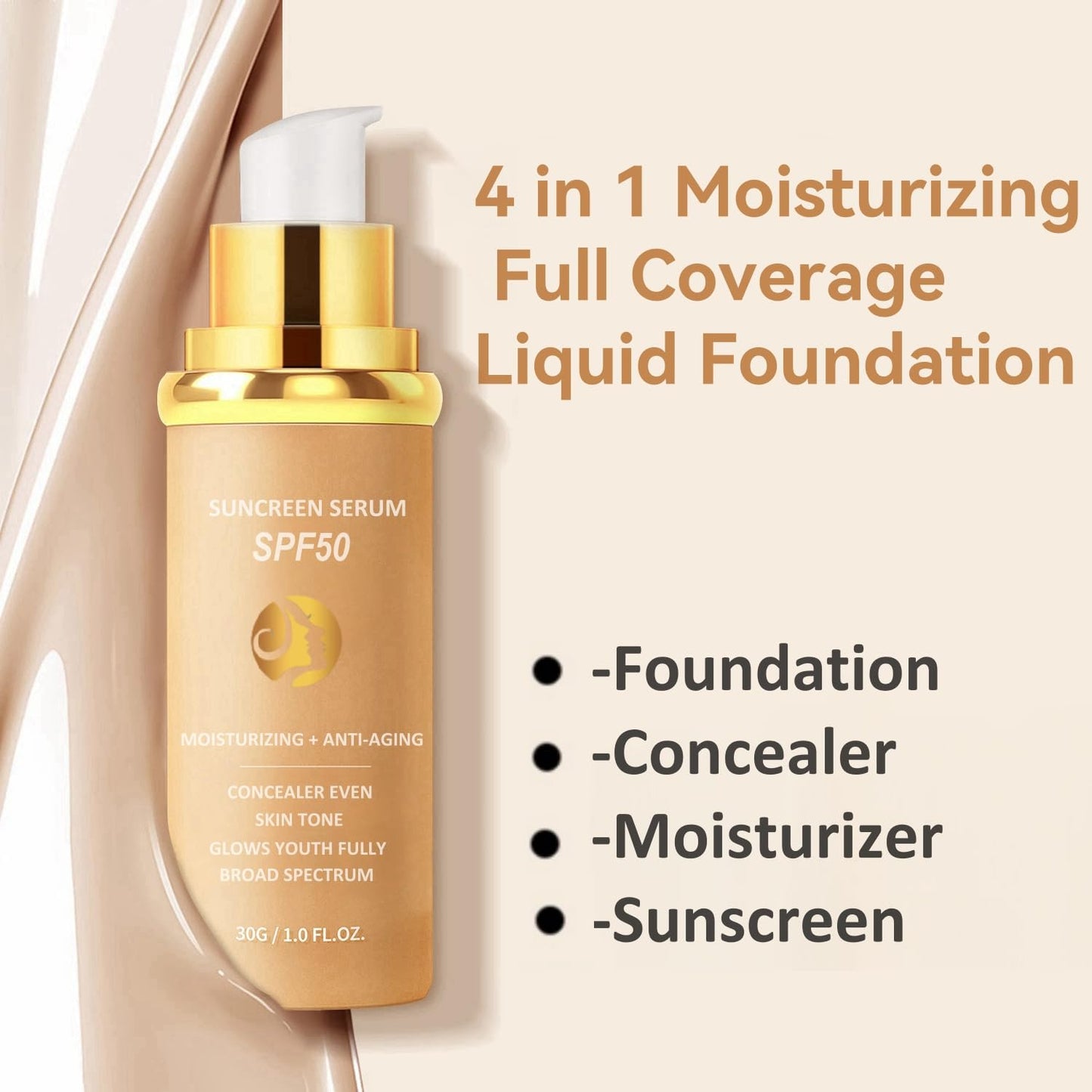 BQQCOB Foundation 4 in 1 Moisturizing Full Coverage Liquid Foundation,Concealer, Moisturizer, Sunscreen Serum SPF50+,UVA/UVB Protection,Colour Changing Foundation,Foundation For Mature Skin,1.1 oz