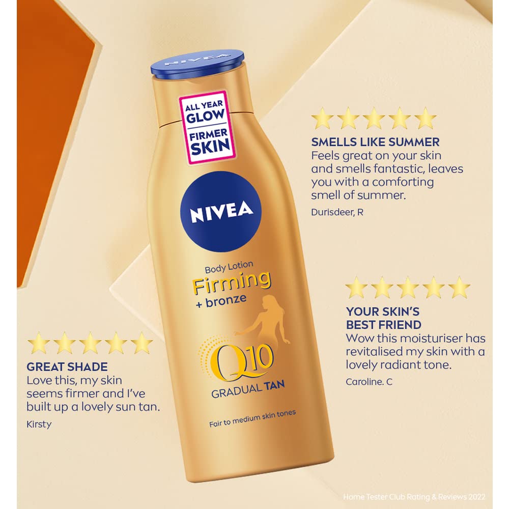 NIVEA Q10 Firming Plus Radiance Gradual Tan (400 ml), Tan Activating Firming Cream with Q10, Supports a Gradual Tan, Tanning Moisturiser for a Sun-Kissed Radiant Glow