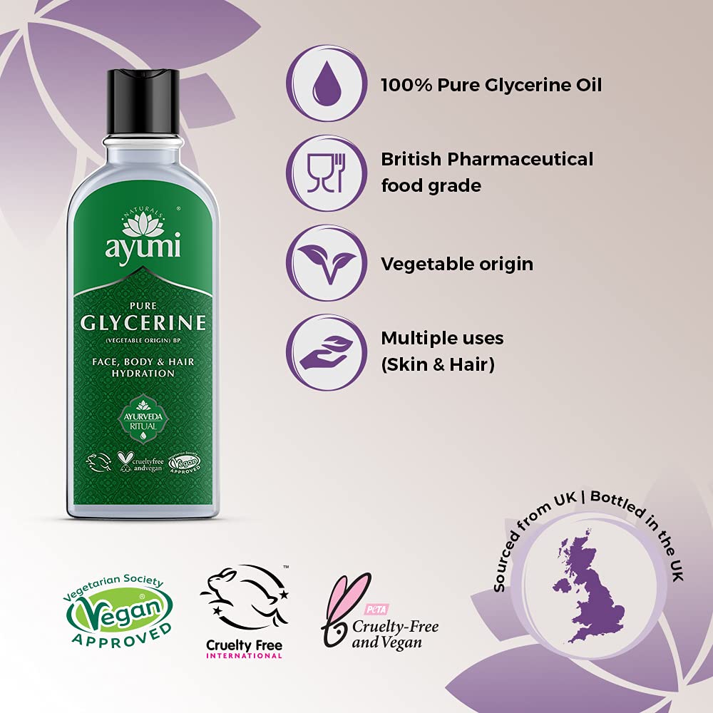 Ayumi Pure Glycerine, Locks in Skin Hydration & Attracts Water to the Skin, Prevents Dry Skin & Leaves it Feeling Smooth, Can be Used For Face Masks - 2 x 150ml