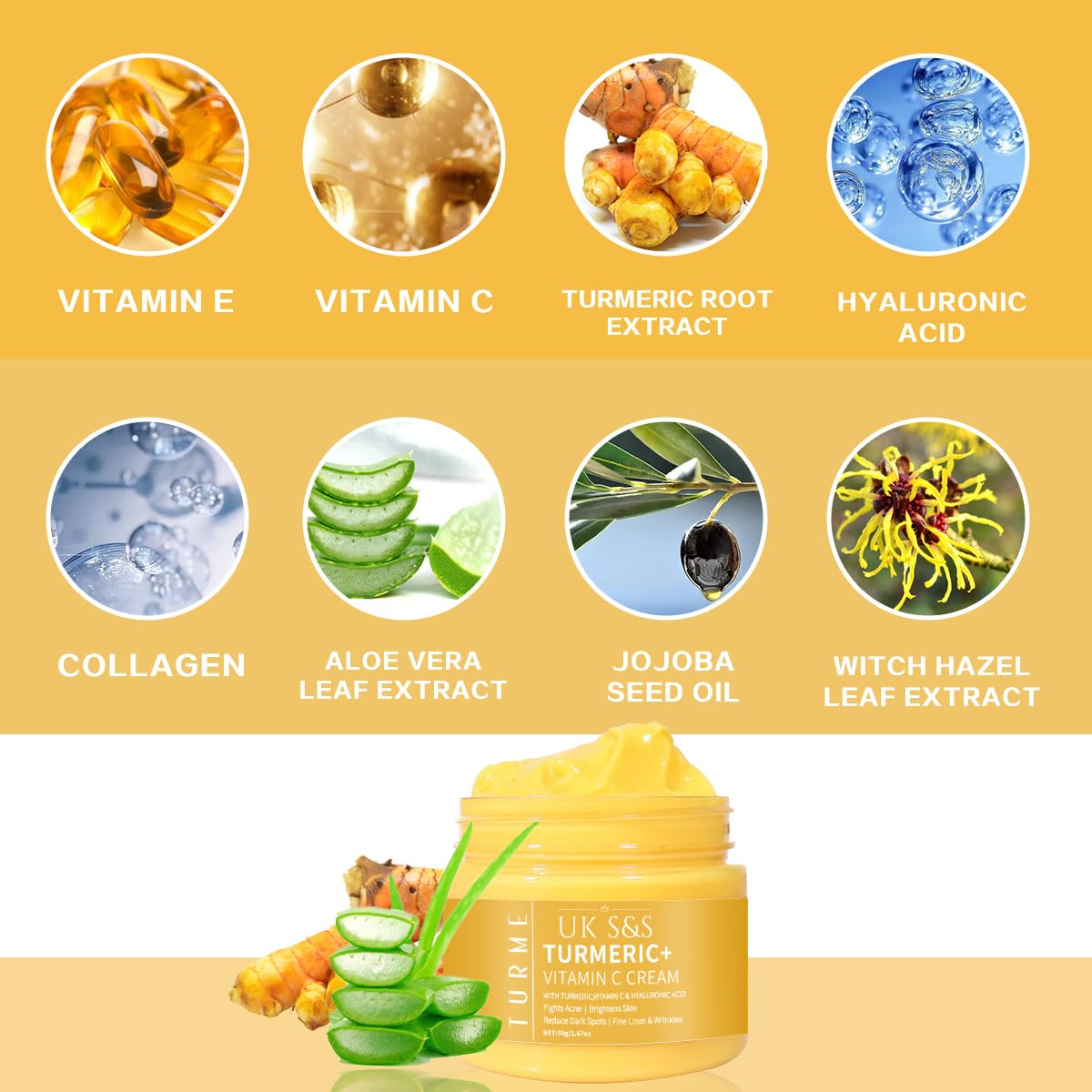 Turmeric & Vitamin C face cream. Anti-aging cream that reduces dark spots and brightens skin. Heals acne and repairs damaged skin. Soften and smoothens skin.