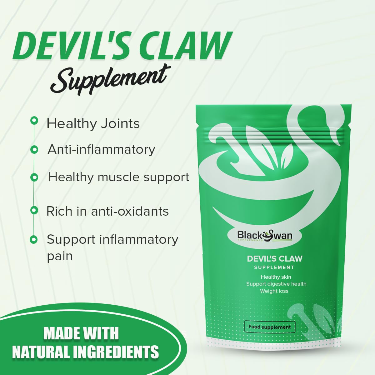Black Swan supplements Black Swan Devil's Claw Capsules - 2500mg Antioxidant Formula Anti Inflammation Joints Digestive Health Muscle Pain Relief Natural Herbal Supplement - 60 Caps 2 Month Supply