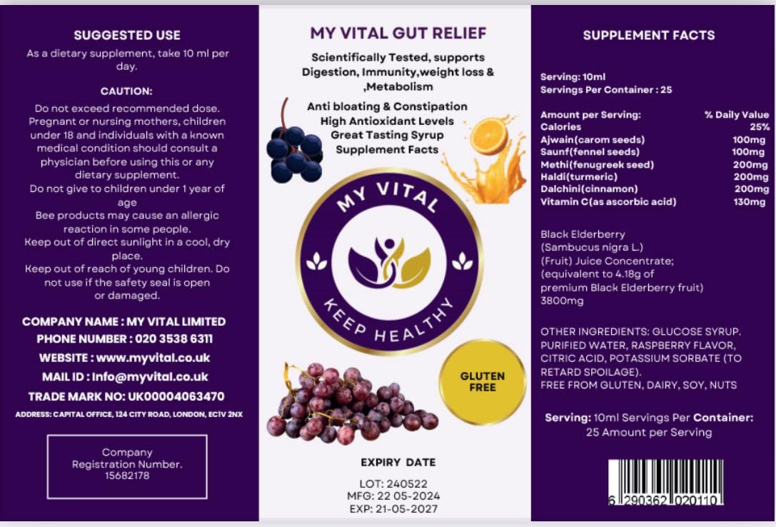 MY VITAL KEEP HEALTHY Gut Relief Syrup Elderberry 250ml – Supports Digestion, Immunity, Bloating Relief, Weight Management & Metabolism with Ajwain, Saunf, Methi, Haldi & Dalchini – My Vital Keep Healthy