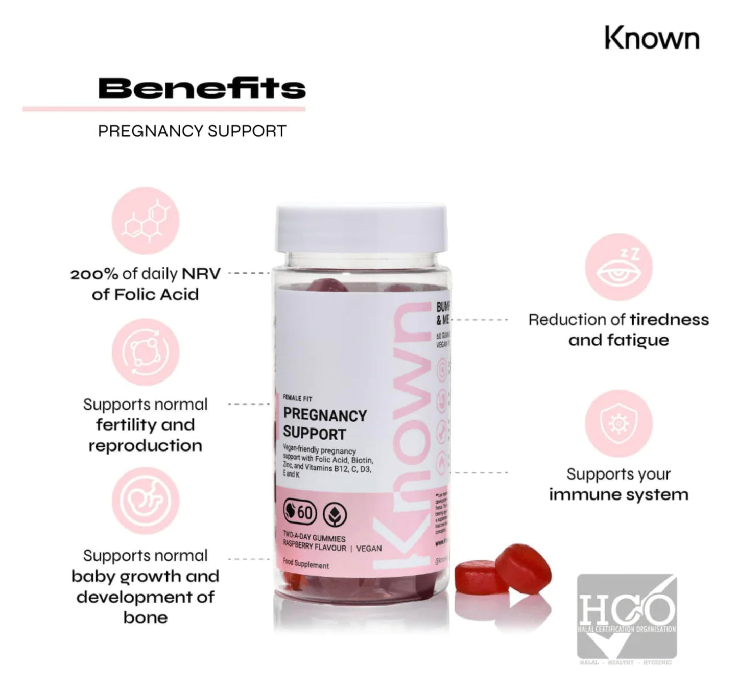 Pregnancy Vitamin Gummies for Women with 400mcg Folic Acid by Known | 60 Two-a-Day Gummies (One Month’s Supply) | Prenatal & Postnatal Support | Raspberry Flavoured Gummies (2)
