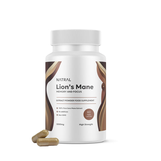 Natral 5000mg Pure Lion's Mane Mushroom High Strength Capsules - 60 Vegan Capsules, No Filler, 100% Fruiting Body Extract with 30% Polysaccharides – Supplement for Mental Clarity and Focus