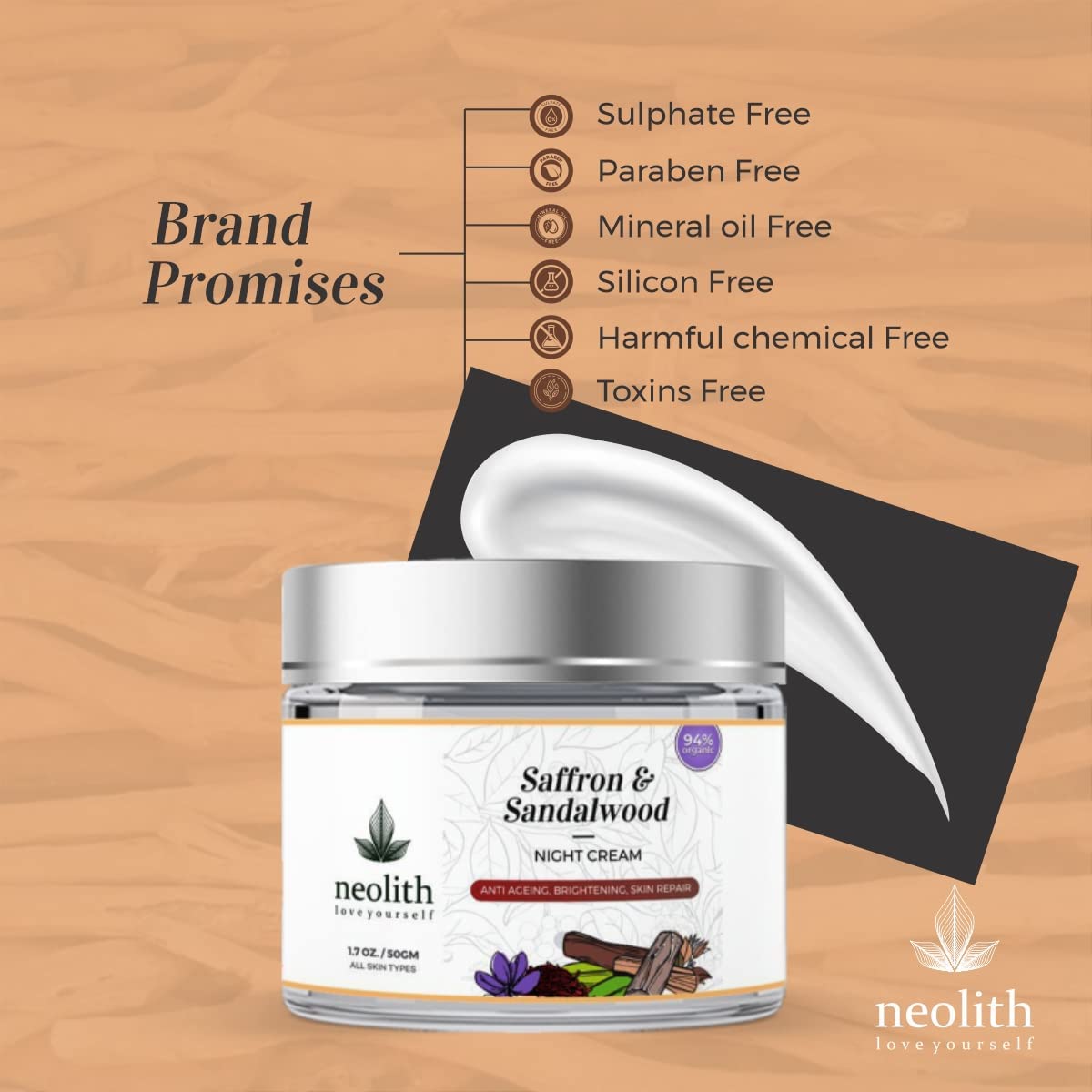 NEOLITH Neolith Saffron Sandalwood Night Cream | 98% Organic | Night moisturizer, Anti Aging night cream, Night cream for glowing skin | No Silicon, No Mineral oil, No Paraben, No Synthetics