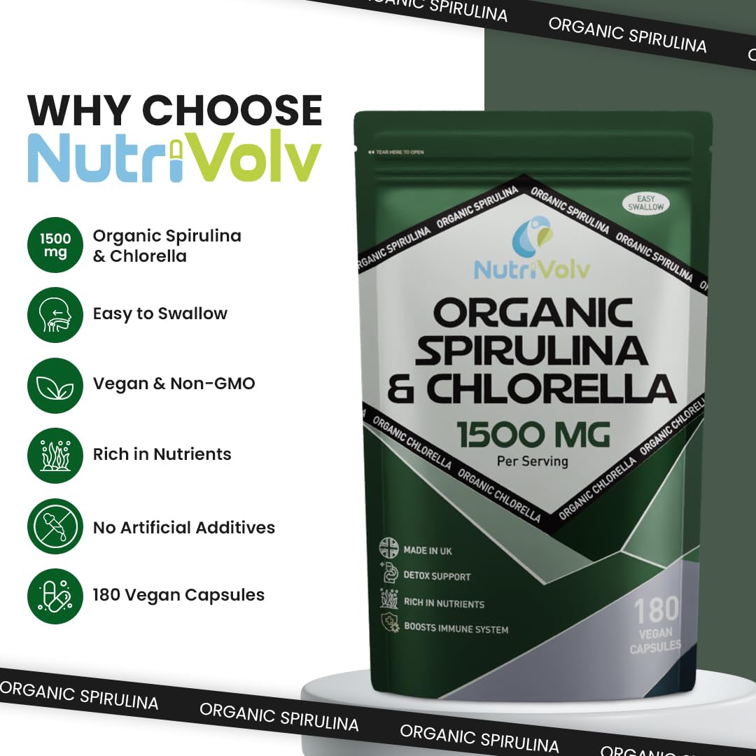Spirulina & Chlorella | 3 Months Supply | 180 Capsules | 1500mg Per Serving | Pure - No Additives | Vegan & Non-GMO | Broken Cell Wall | by NutriVolv