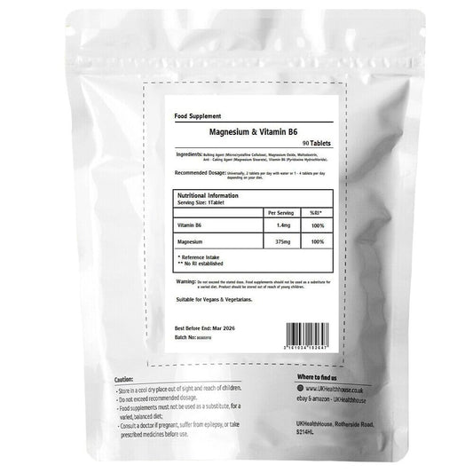 UKHealthHouse Magnesium + Vitamin B6-90 Strong Micro Vegan Tablets - Cramp Stress Fatigue - Immune System Bone Muscle Teeth Health - MAGNEZ + VIT B6 Tabs Magne b6