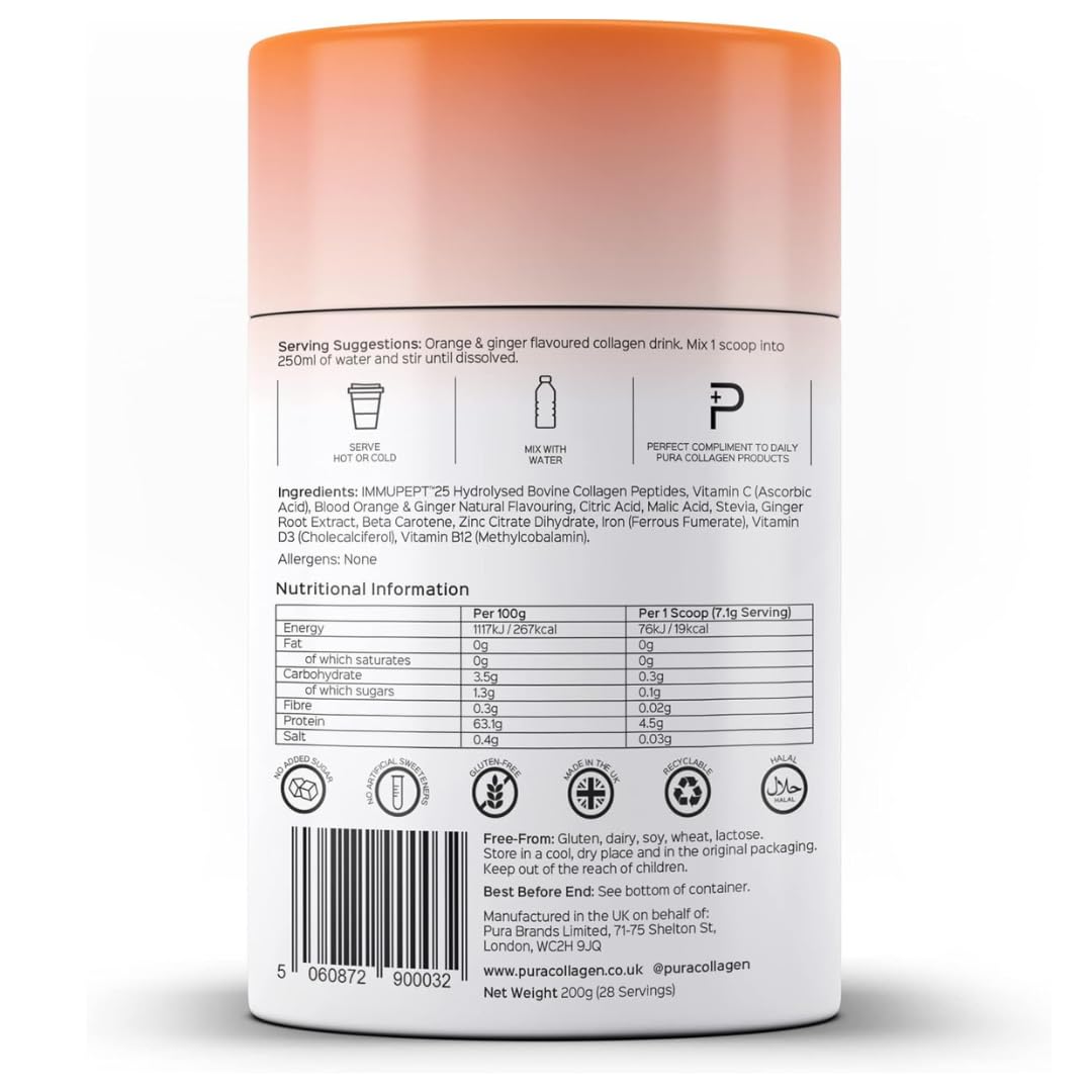 Pura Collagen Protect Collagen Powder | 5,000mg Bovine Collagen Peptides with Vitamin C, D3, B12, Zinc & Iron | Immune Support with Ginger Root Extract – 28 Servings, 284g