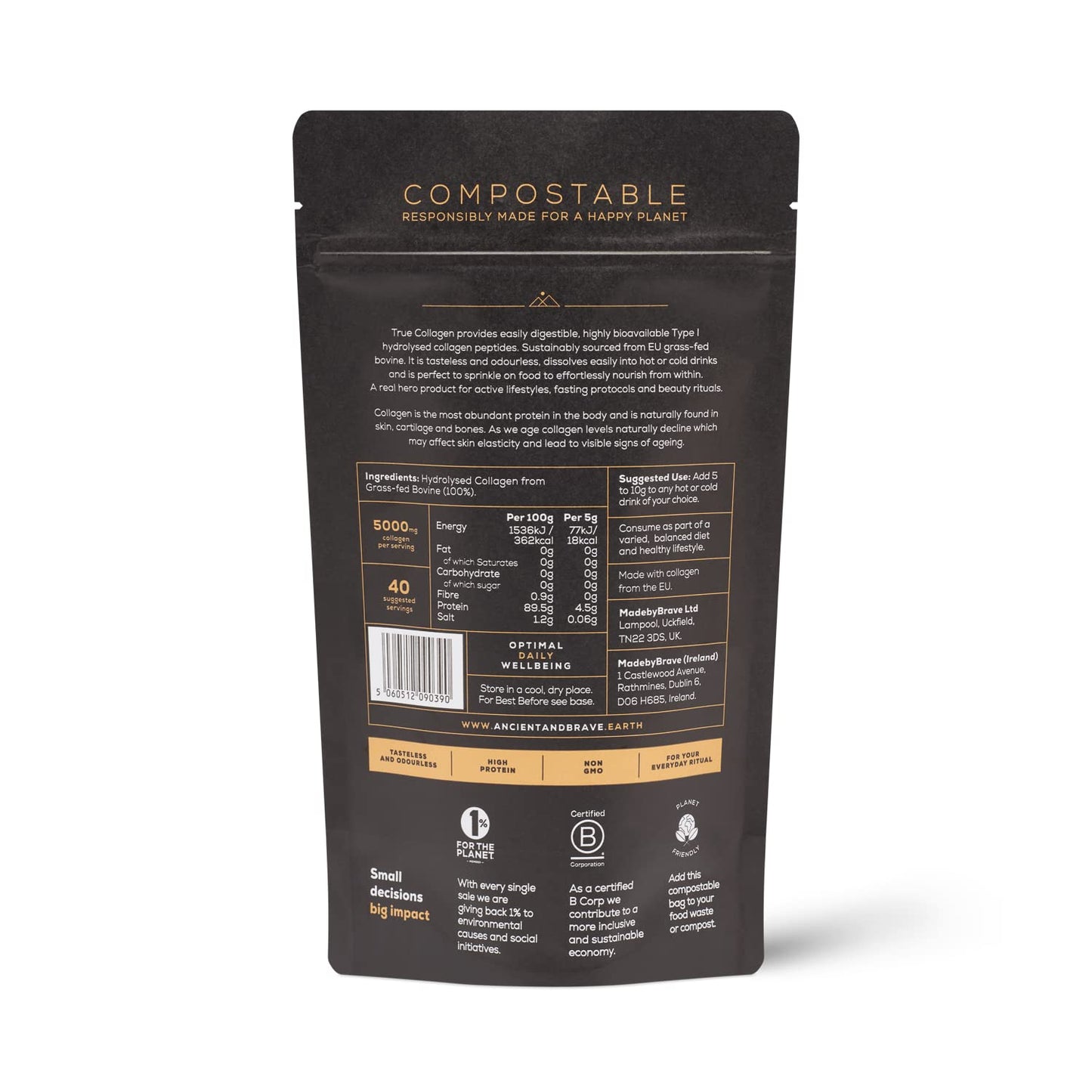 Ancient + Brave True Collagen 200g - Grass-Fed Bovine Collagen Powder - 100% Hydrolysed Collagen Peptides (Type 1) - High Protein, Fasting, Keto - Anti-Ageing, Skin, Hair & Nail Health