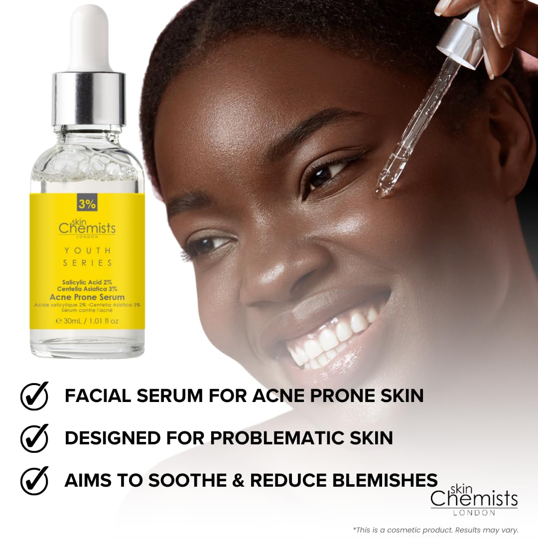 skinChemists Acne Prone Face Serum with Salicylic Acid 2% & Centella Asistica 3% 30ml | Reduce Blemishes & Unclog Pores - Enhance Skin Tone & Texture - Clear, Healthy, Radiant Skin