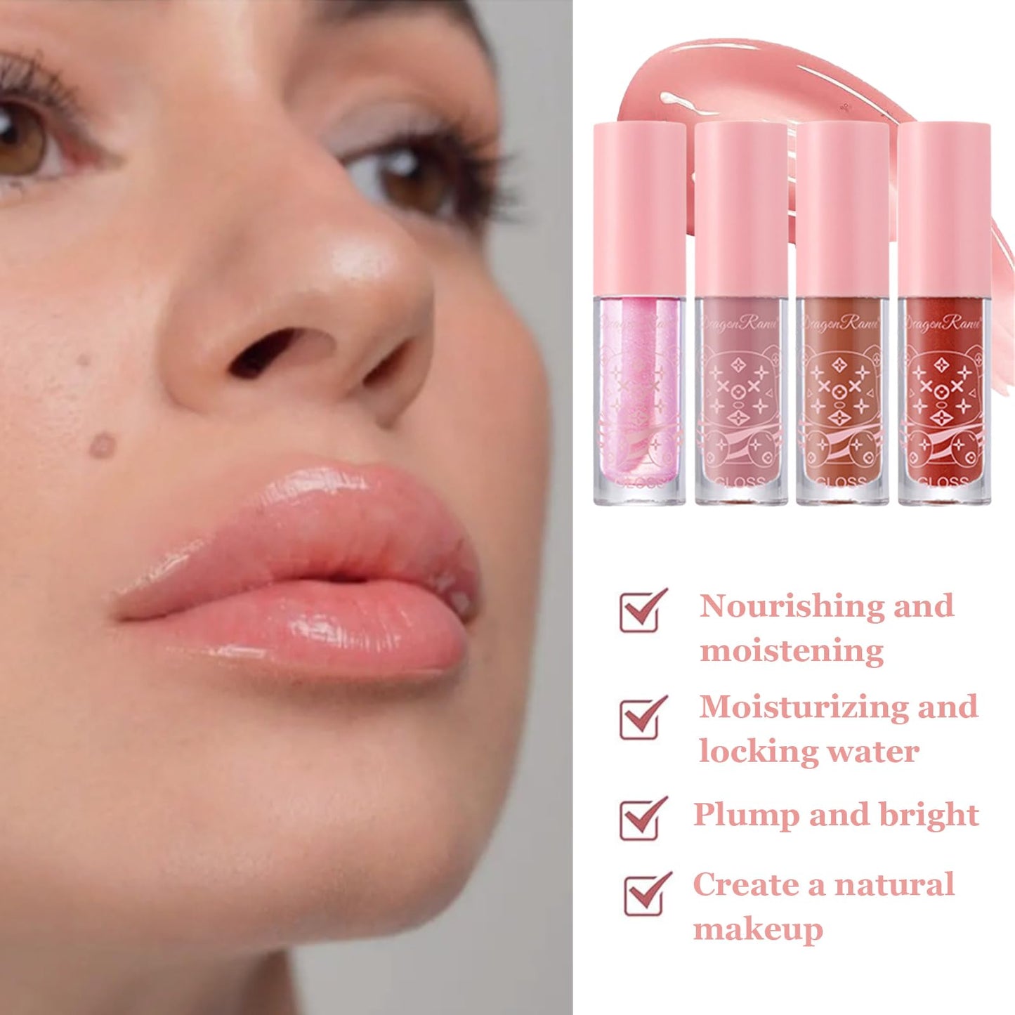 HERBINSOLS 4pcs Lip Gloss Set - Hydrating Clear Lip Glow Oil - Crystal Jelly Tinted Plumping Lip Gloss - Long Lasting Moisturizing Non-Sticky Lipgloss Set For Women Girls