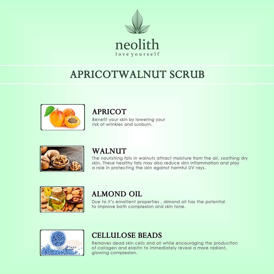 Neolith Apricot Walnut Face Scrub with Vitamin E and Almond oil (100gm) for Skin Detox, Gentle Exfoliation and Tan Removal | Removes White heads, Black heads, Brightens skin, Removes excess oil