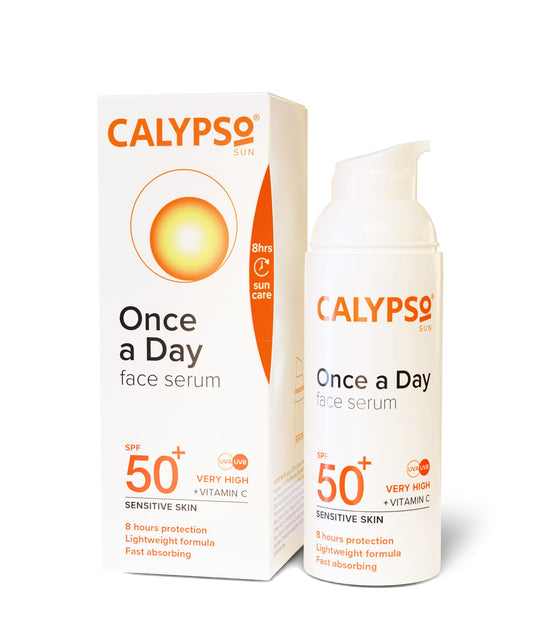 Calypso Once a Day Serum SPF50+, Serum with Vitamin C for Face and Neck, for Sensitive Skin. Very High Sun Protection. UVA + UVB Primer.