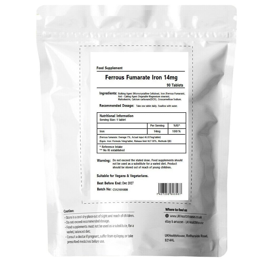 UKHealthHouse Ferrous Fumarate Iron Tablets 14mg Blood Cells Energy Anaemia Tiredness Pregnancy High Strength General Health & Well Being Supplement Vegan (90)