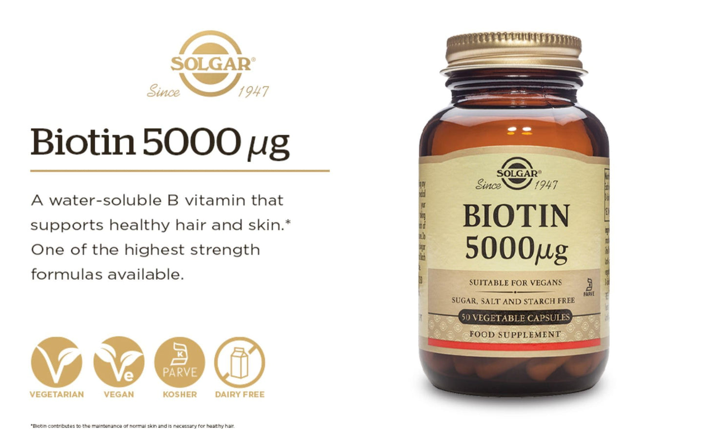 Solgar Biotin 5000 mcg Vegetable Capsules - High Strength Formula - Supports Hair Growth, Glowing Skin, Energy & Vitality - Health Supplement - Sugar Free - Suitable for Vegans - Pack of 50