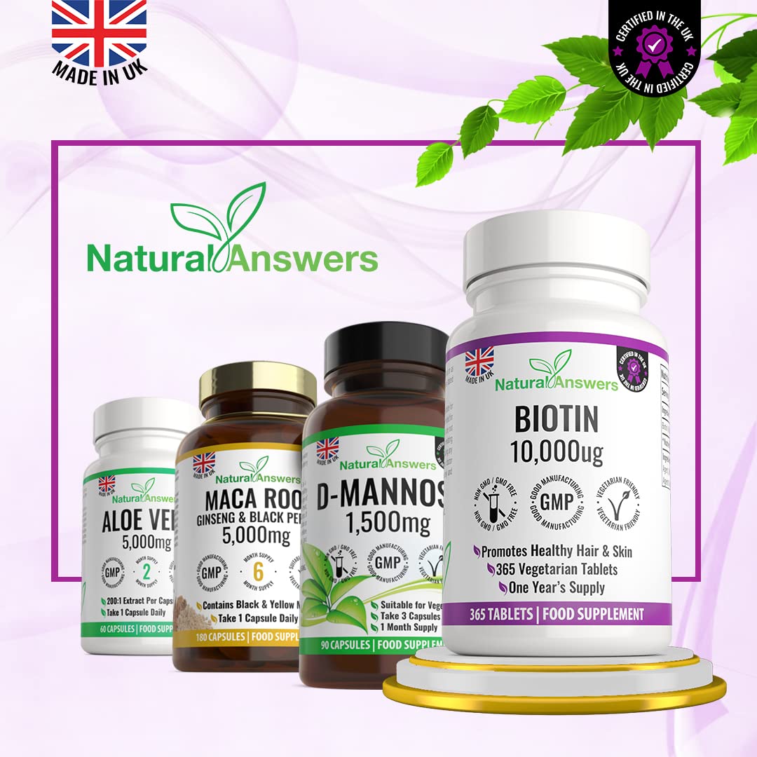 Natural Answers 365 Biotin Hair Growth Tablets (1 Years Supply) - Vegetarian 10,000UG Vitamin B7 Supplements for Men and Women, Healthy Hair, Skin & Nails Support - UK Manufactured