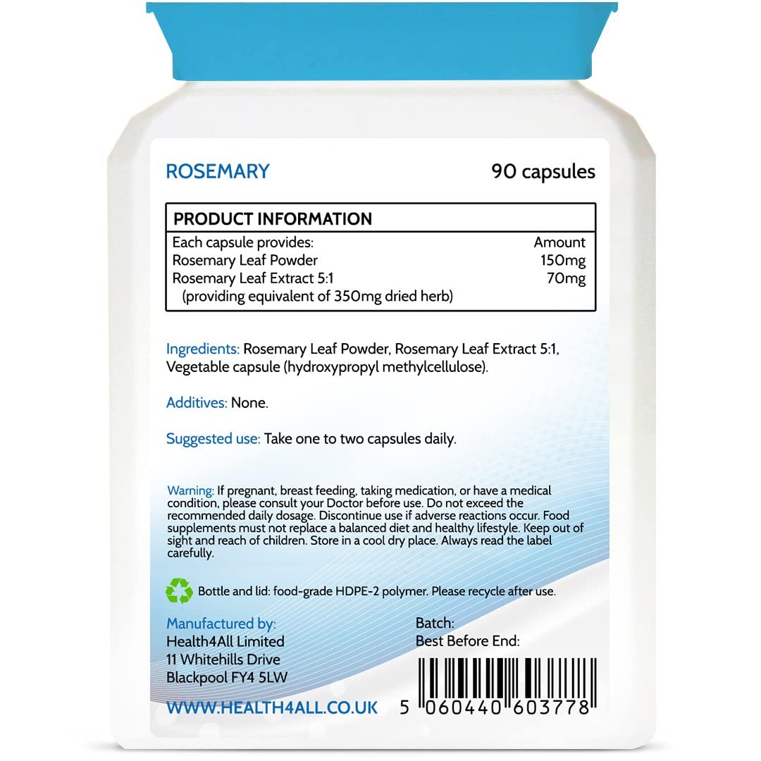Health4All Rosemary 500mg 90 Capsules (V) (not Tablets) Purest - no additives. Memory, Focus and Learning. Natural Vegan Nootropic.