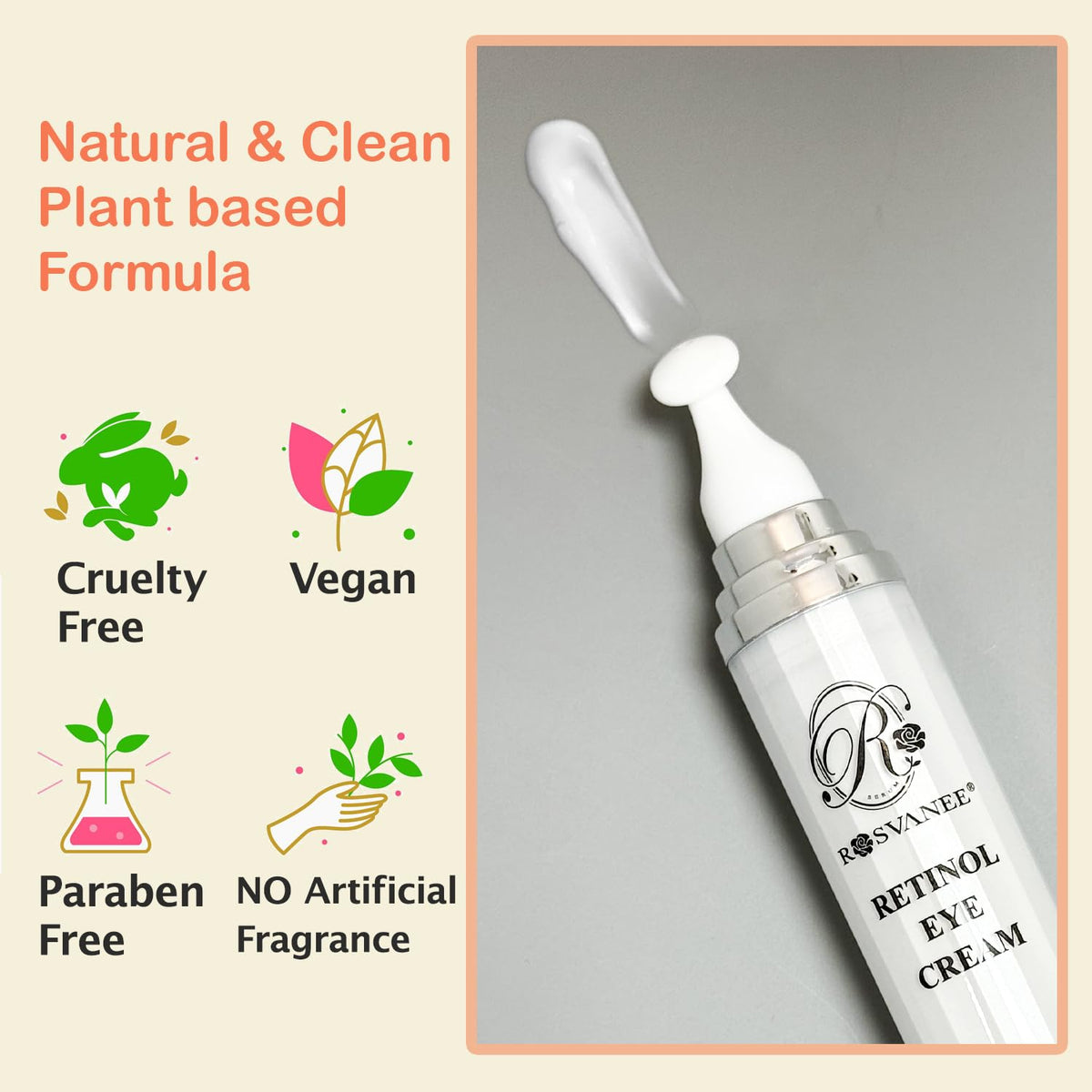 ROSVANEE Retinol Eye Cream Anti Aging 20mL, with Vitamin E, Niacinamide, Camellia for Dark Circles, Puffy Eyes, Fine Lines, Wrinkles, Vegan, Fragrance Free