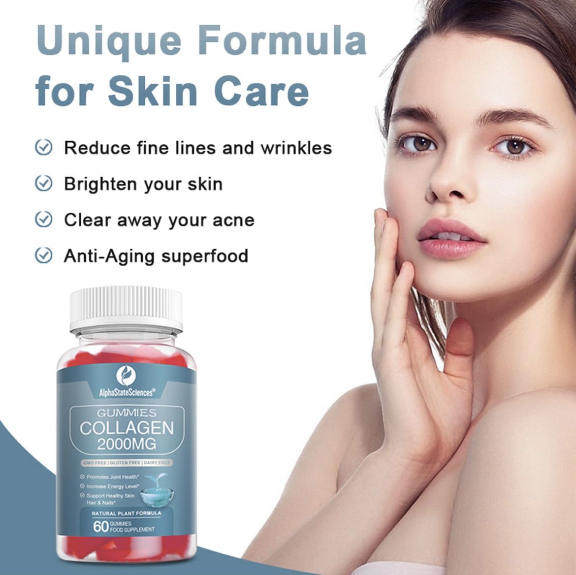 AlphaStateSciences **New**Advanced Collagen Gummies 2000mg - Promote Skin Elasticity, Hair Growth, and Joint Health - Delicious Berry Flavoured Gummy Vitamins for Youthful Radiance