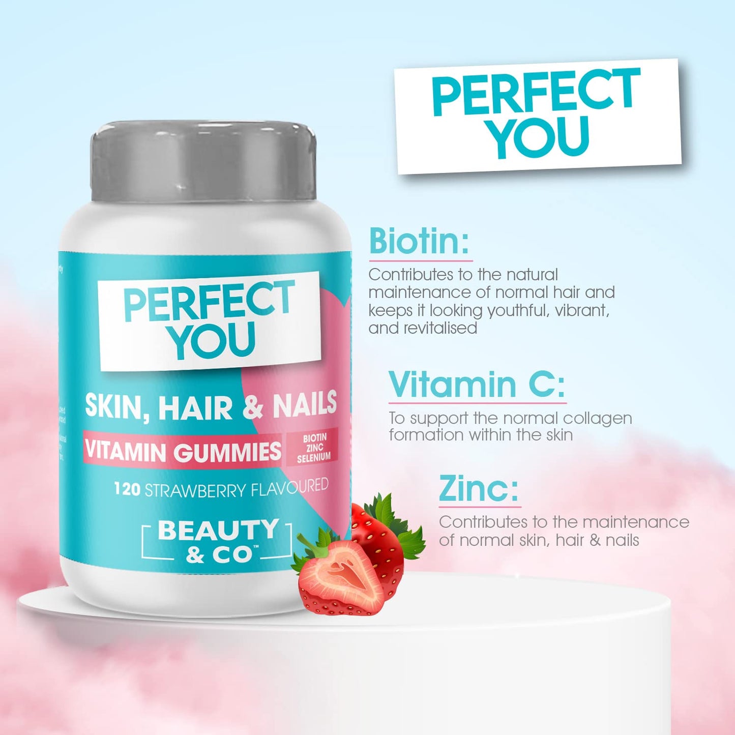 Perfect You Skin, Hair and Nails Gummies - with Biotin, Zinc & Selenium - Strawberry Flavoured Gummies (120 Count)