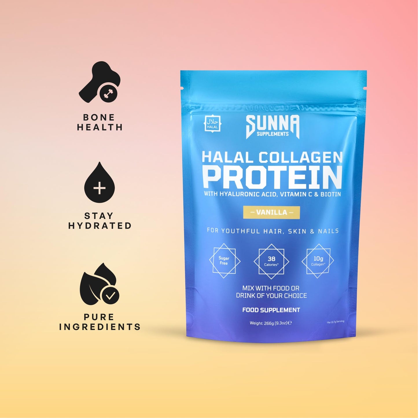 SUNNA SUPPLEMENTS - Halal Bovine Collagen Protein Powder for Hair, Skin, Nails & Joints | Hydrolysed Premium Bovine Collagen Peptides for Women & Men | Vanilla Flavour | Gluten Free | 266g