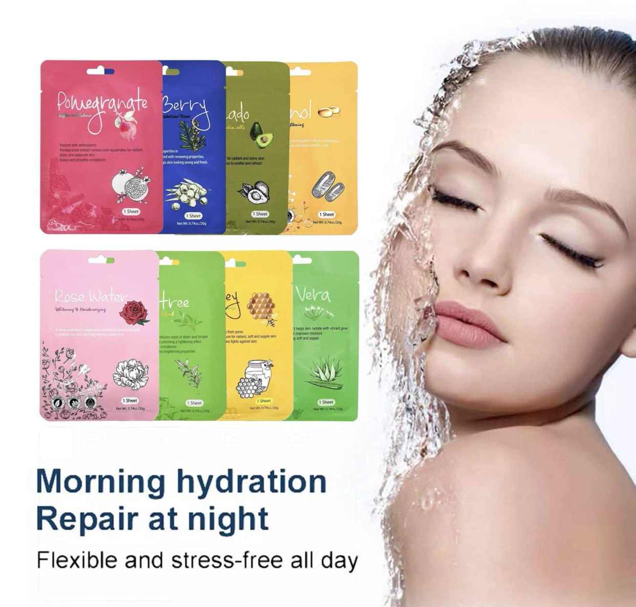 Generic Organic Face Mask,Facial Face Mask,Face Masks Skincare,Collagen Firming Facial Sheet,Face Mask Beauty,Hydrating & Nourishing Masks,Premium Skin Repair Masks For All Skin Types.Mix of 8