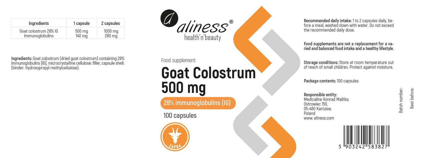 Aliness Goat Colostrum 500mg 28% immuno Globulines IG 100 Capsules