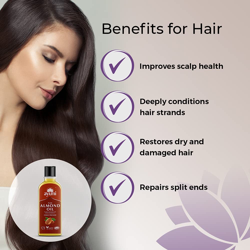 Ayumi Pure Almond Oil, Rich in Fatty Acids to Keep Skin Protected From Dryness & Wrinkles, Alleviates Dry Hair & Scalp Conditions - 3 x 150ml
