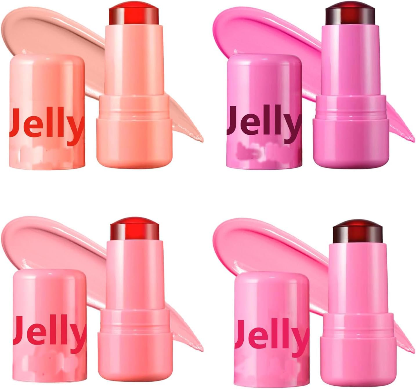 Generic 4 Pcs Jelly Blush Stick, Waterproof & Sweatproof 3-in-1 Multi-Use for Cheeks Lips Eyes, Long-Lasting 12-Hour Hydrating Formula with Hyaluronic Acid, Portable 4-Color Set with Nude (4PCS)