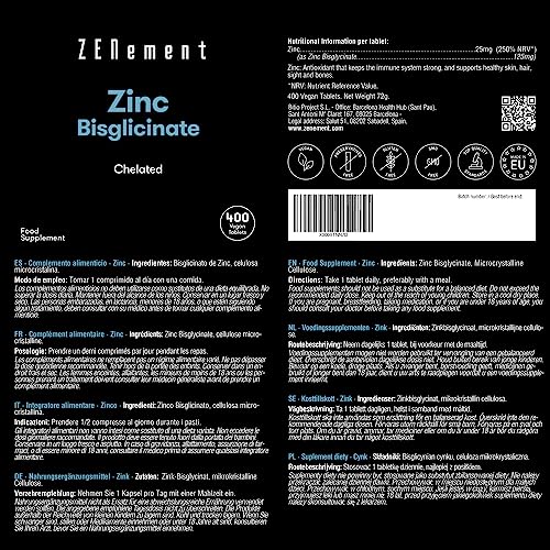 Zinc, 25mg (Bisglycinate), 400 Tablets | Chelated | Antioxidant, Supports The Immune System, Skin, Hair and Eyesight | Vegan | Zenement