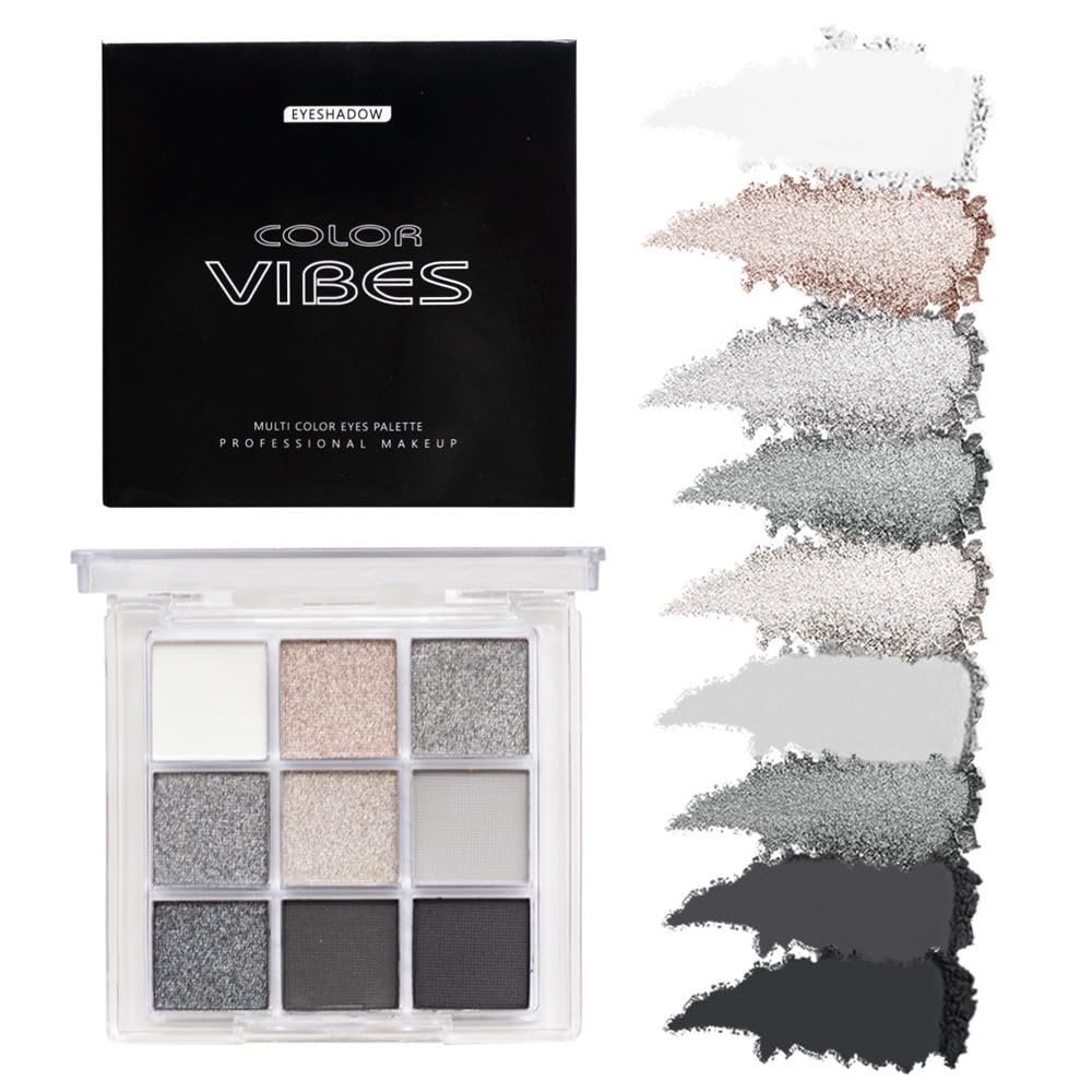 FANFALUV Black Smokey Eyeshadow Palette Makeup,9 Colors Black Silver Gray White Eye Shadow Pallets For Women,Long Lasting,Waterproof and Blendable,Make-up Palettes With Brushes-Halloween Goth Gifts(Smoky)