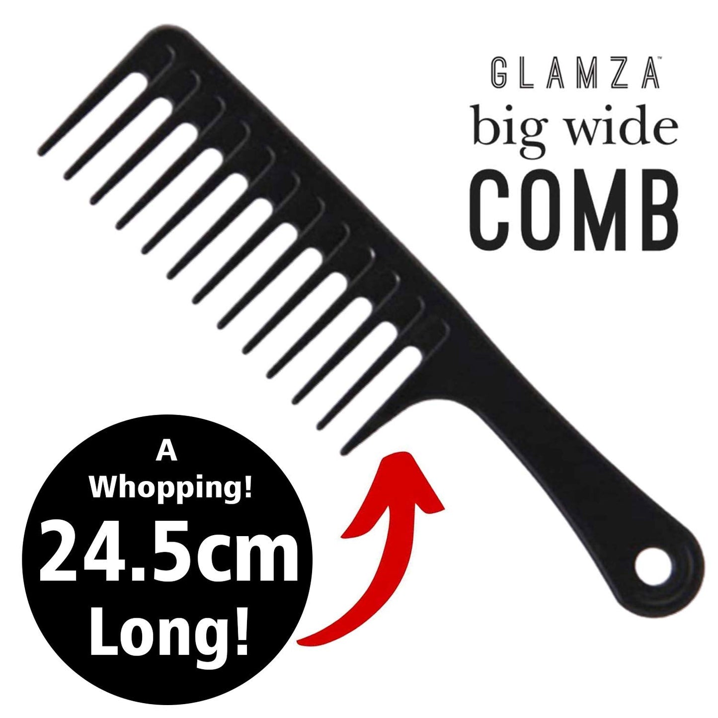 Glamza Wide Tooth Comb GLAMZA Jumbo Wide Detangling Comb - Perfect Afro Comb for Long, Wet or Curly Hair - HUGE 24.5cm Long (Black)