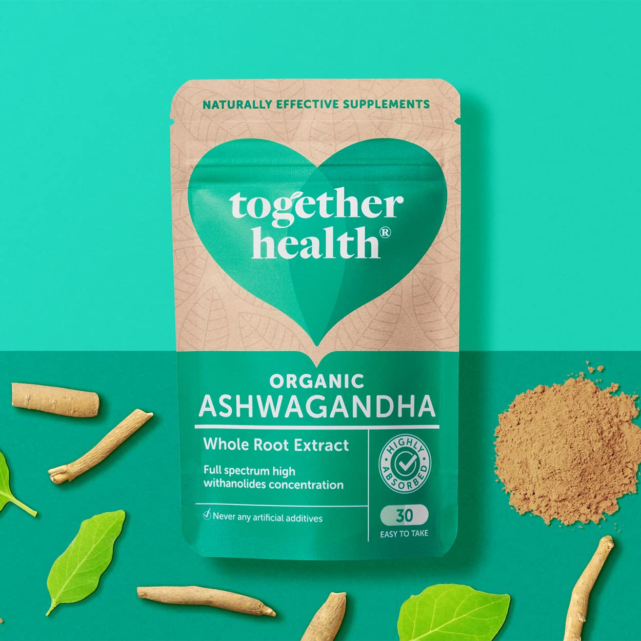 Ashwagandha – Together Health – 100% Organic Certified Ashwagandha Roots – High Concentration, Full Spectrum Extract – Vegan Friendly – Made in The UK – Pack of 5 – 150 Vegecaps
