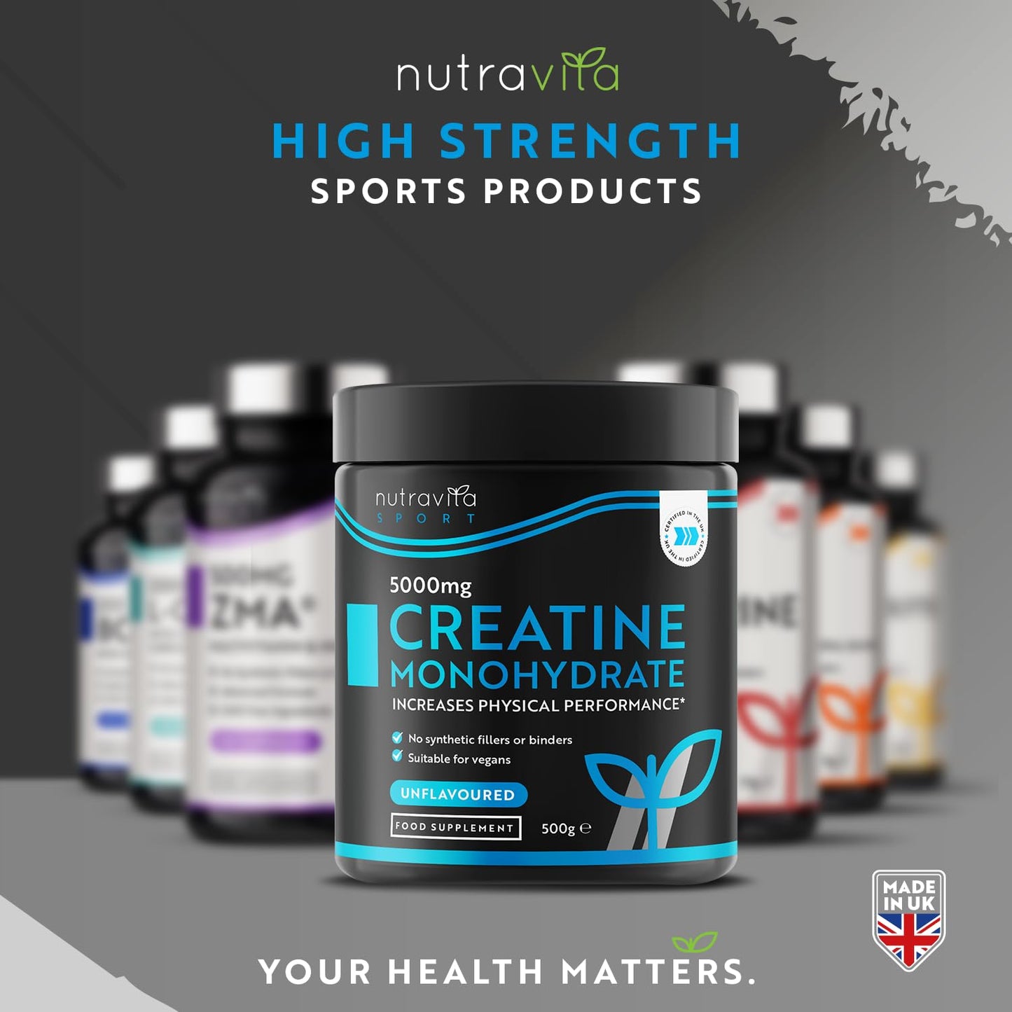 Creatine Monohydrate Powder 5000mg - 500g After/Pre Workout Powder - for Recovery & Physical Performance - Men & Women Exercise Supplement - Vegan - 100 Servings - Unflavoured - UK Made by Nutravita