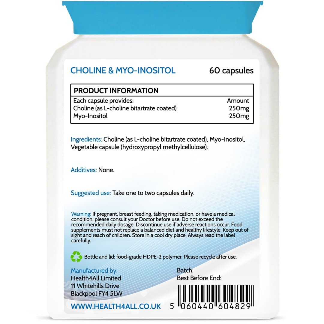 Choline 250 mg & Myo-Inositol 250mg 60 Capsules (V) Purest - Titanium Dioxide Free. Mood, Learning, Memory and Liver Support. Made in The UK by Health4All.