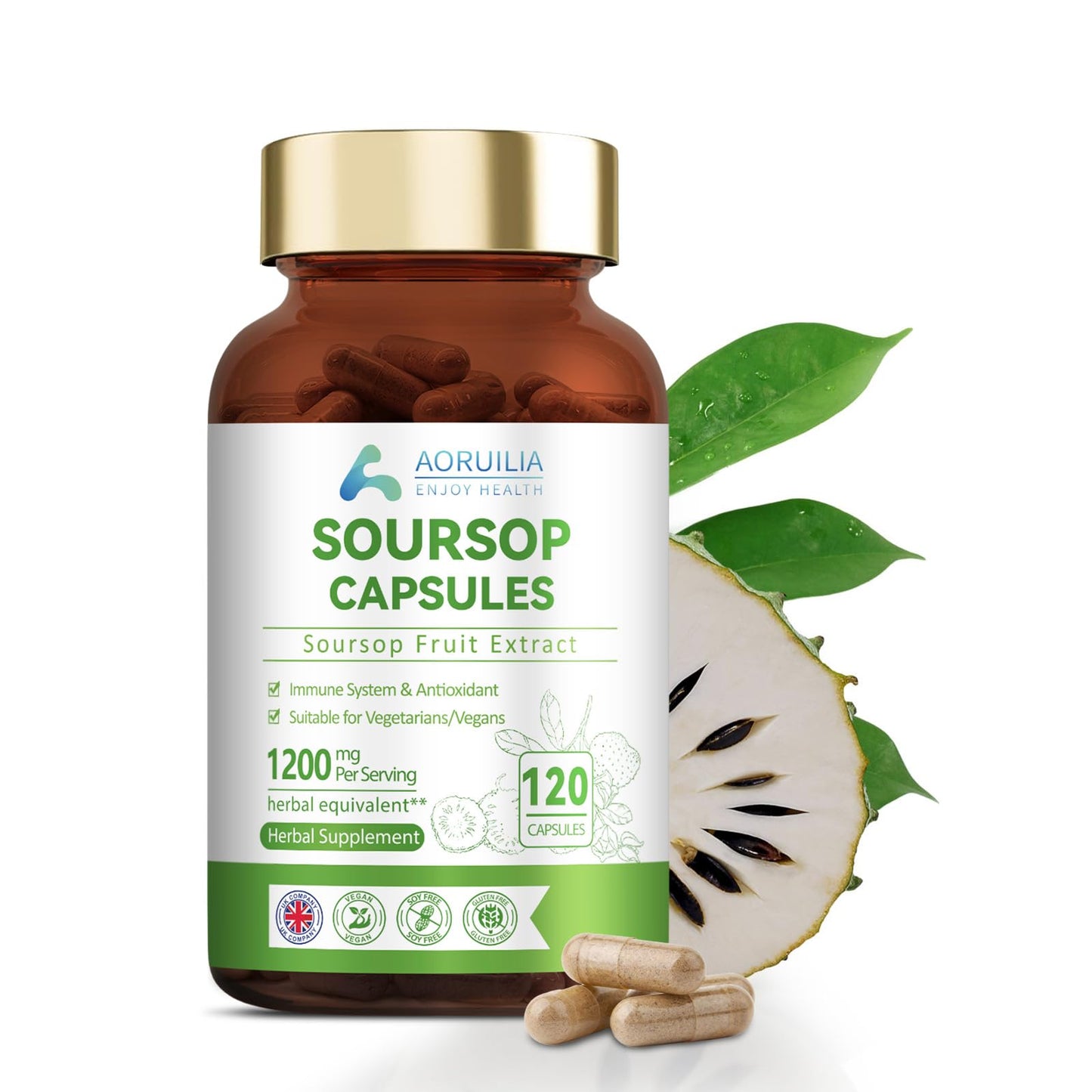 Aoruilia Soursop Capsules with Vitamin C - 1200mg Soursop per Serving - Soursop Fruit Extract Capsules for Immune & Antioxidant, Herbal Supplement for Men & Women, Natural & Vegan - 120 Capsules