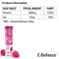 Vitamin C 1000mg & Zinc 15mg Raspberry Flavour Effervescent Tablets - High Strength Tablets for a Healthy Immune System (2 Tubes)