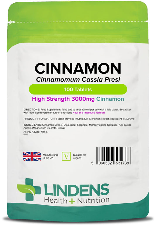 Lindens Cinnamon 3000mg Tablets - 100 Pack - Super Concentrated 30X Extract Equivalent to Half A Teaspoon of Cinnamon Spice - UK Manufacturer, Letterbox Friendly