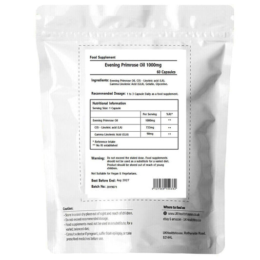 UKHealthHouse Evening Primrose Oil – EPO Capsules, 1000mg x 60 Softgels – High Strength Omega 6 GLA Content – Great for Skin, Immune System, Hormonal Pain, Hot Flushes & Women’s Health