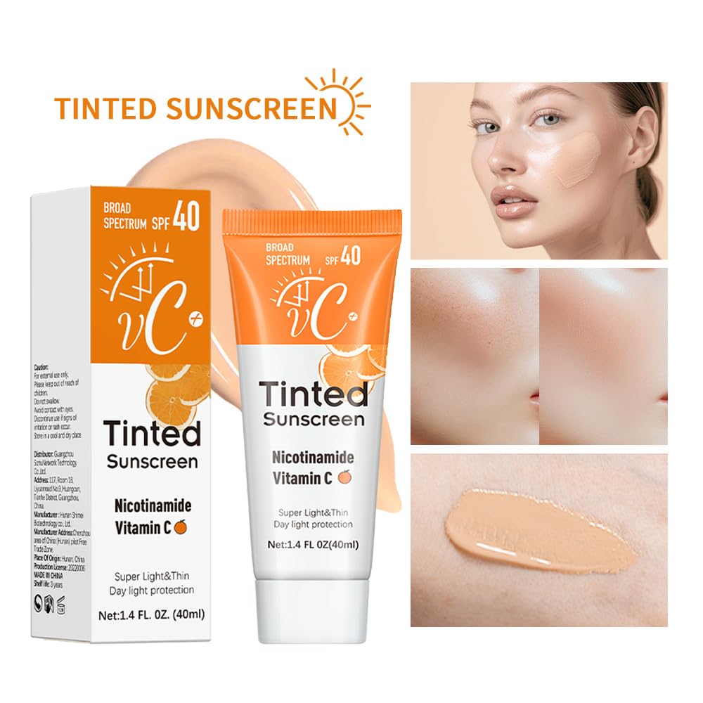 CTUBLIAUNX Tinted Sunscreen SPF 40, Vitamin C Tinted Moisturiser with SPF Anti-Ageing & No White Residue, Tinted Sunblock, Sun Cream Universal Shade for All Skin Tones