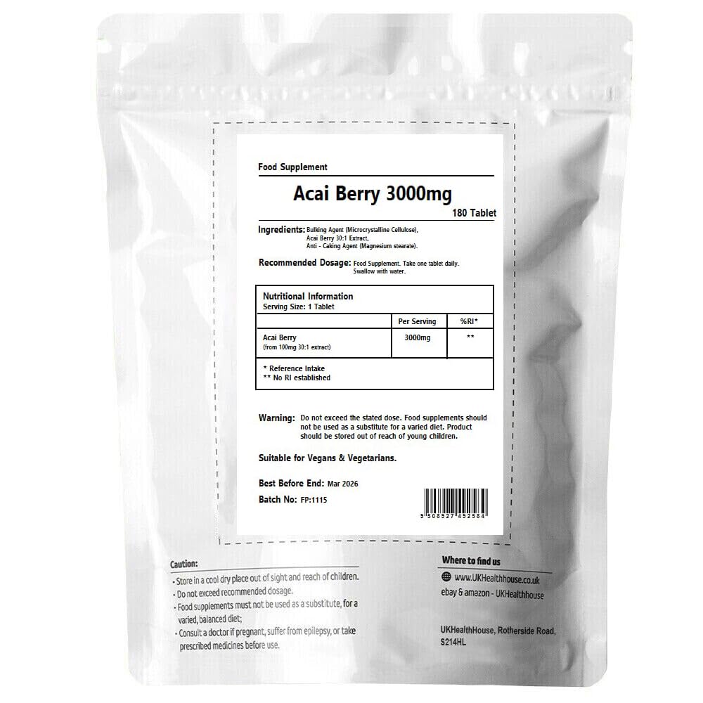 UKHealthHouse Acai Berry 3000mg | Vegan Friendly | Tablets from Brazil Supplement | Double Strength Superfood | Antioxidant Health Maintenance, Energy (180 tabs)