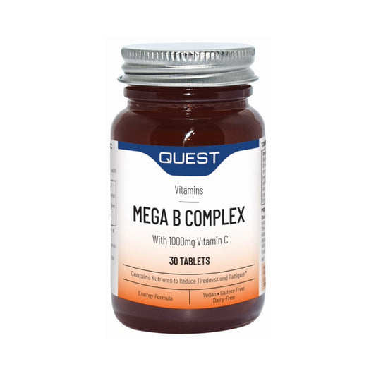Quest Mega B Complex (30 Tablets) - Vitamin B Complex with 1000mg Vitamin C per Tablet. Nutrients & Vitamins to Reduce Tiredness & Fatigue. Supports Energy & Concentration Levels.